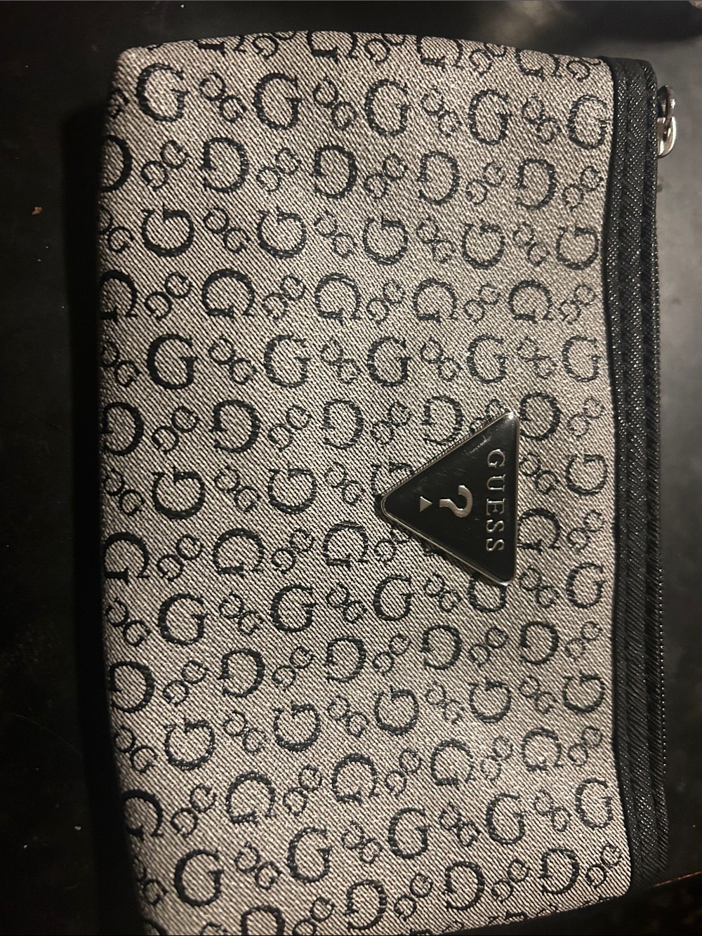 GUESS Gray Monogram Zip Toiletry Pouch with Black Trim